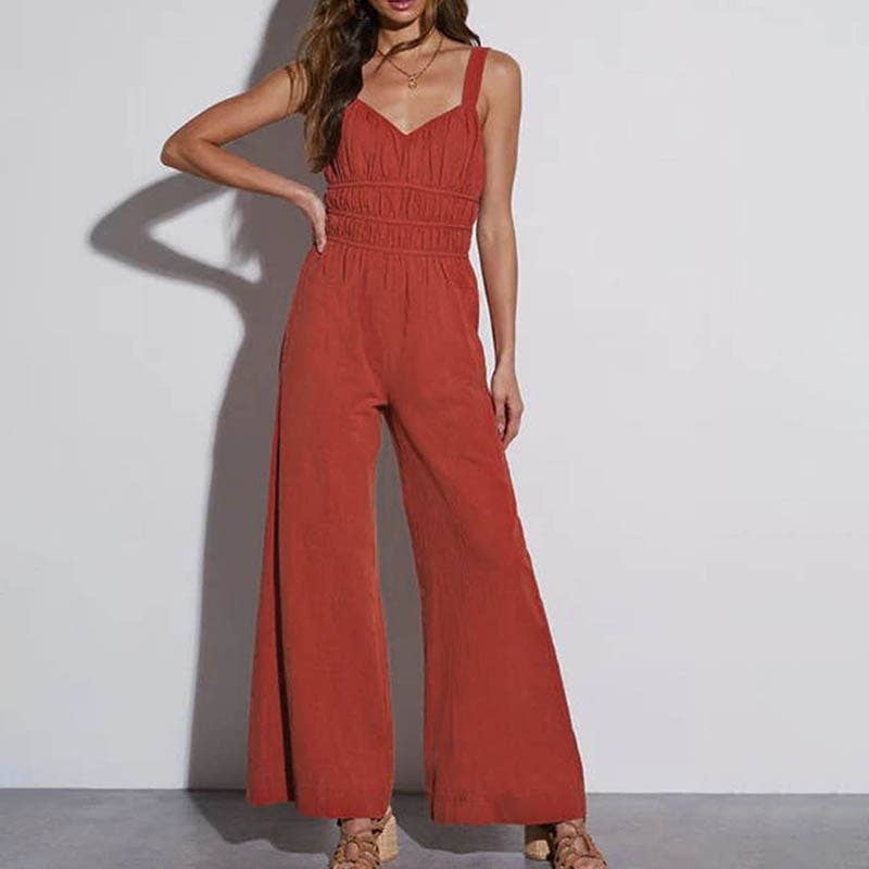 Solid color tank top straight pant romper