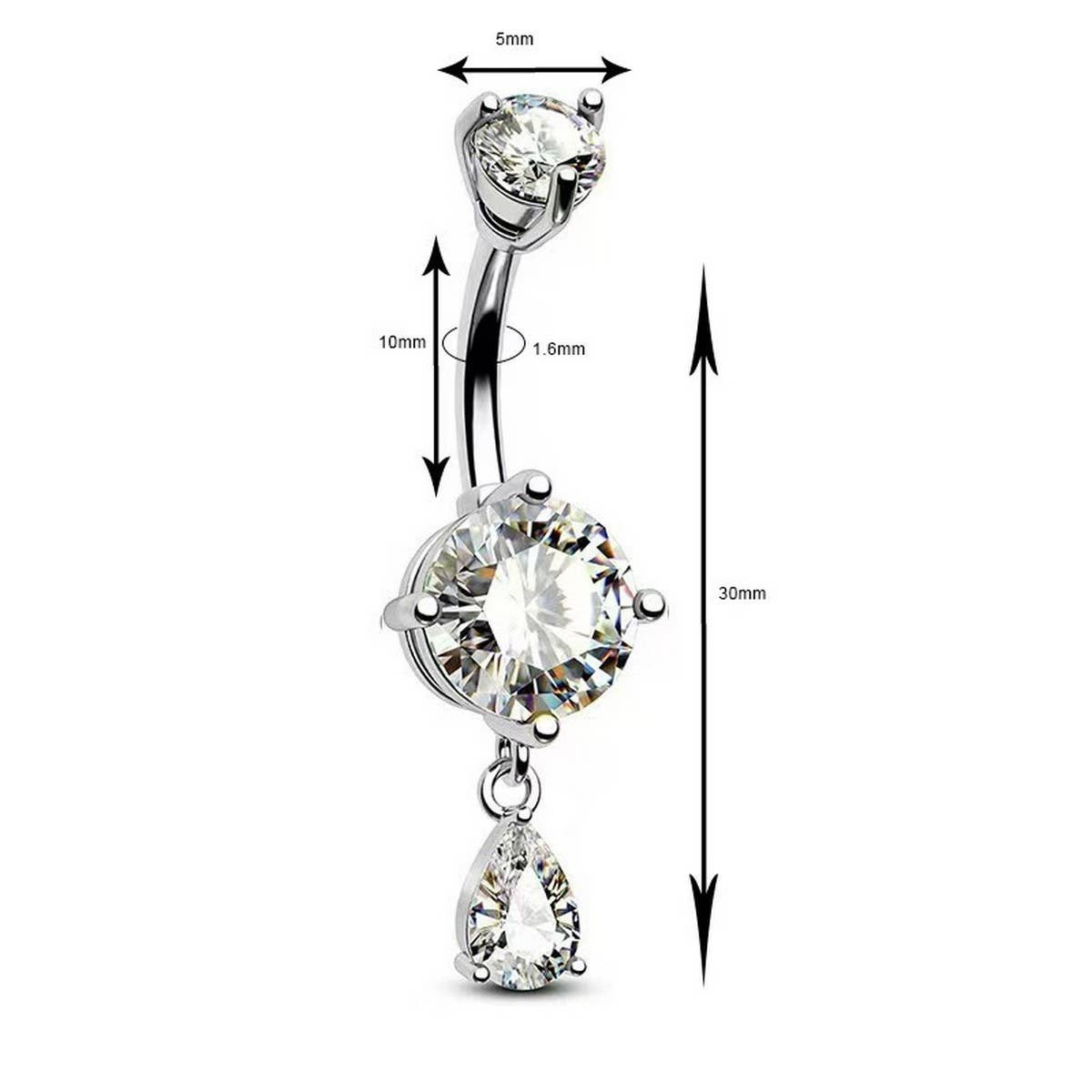 Round & Teardrop CZ Belly Ring in Stainless Steel