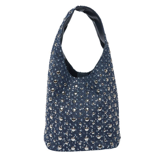 Fashionable riveted denim single-shoulder bag