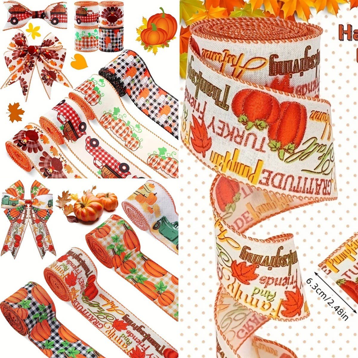 CWMM10206_THANKSGIVING RIBBON SET PUMPKIN PLAID FARMHOUSE