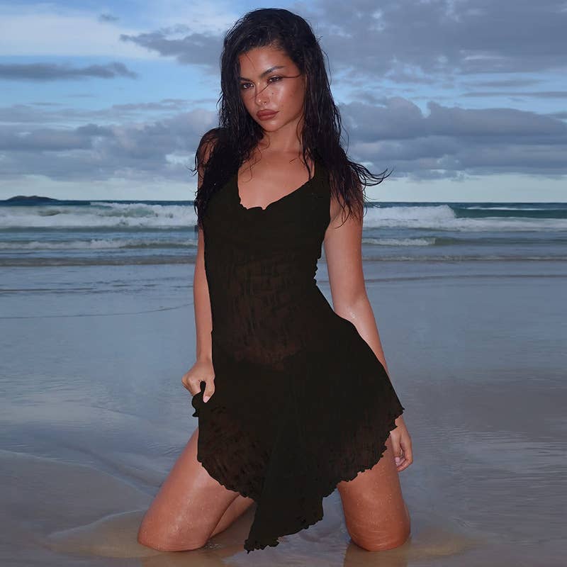 Lace slightly sheer off-the-neck backless dress