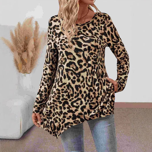 ROUND NECK LEOPARD PRINT KNIT STRETCH T-SHIRT