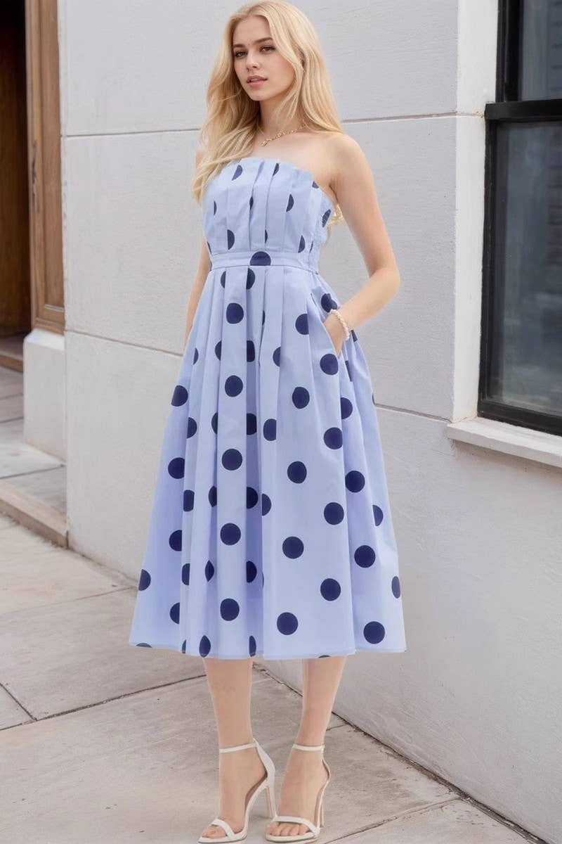 CWDTD0488_POLKA DOT SLEEVELESS TUBE TOP SLIM FIT MIDI DRESS