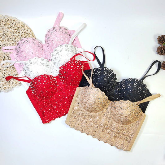 LACE SUSPENDER DIAMOND BEADED HERRINGBONE BRA