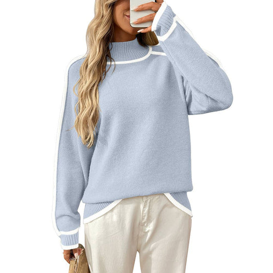 Semi-high-neck laid-back color-blocking sweater