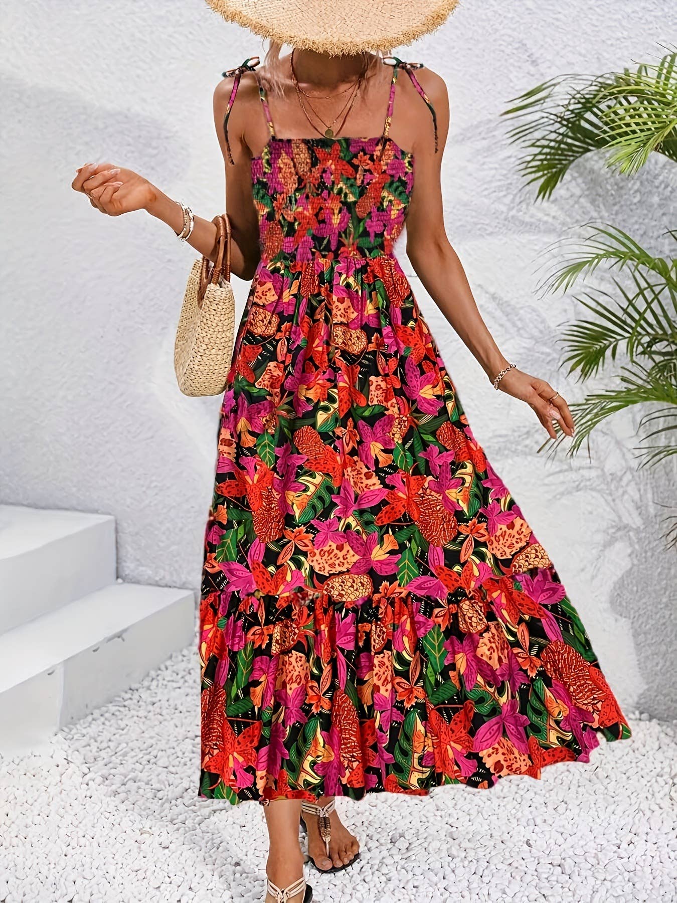 Printed halter backless vacation-style dress