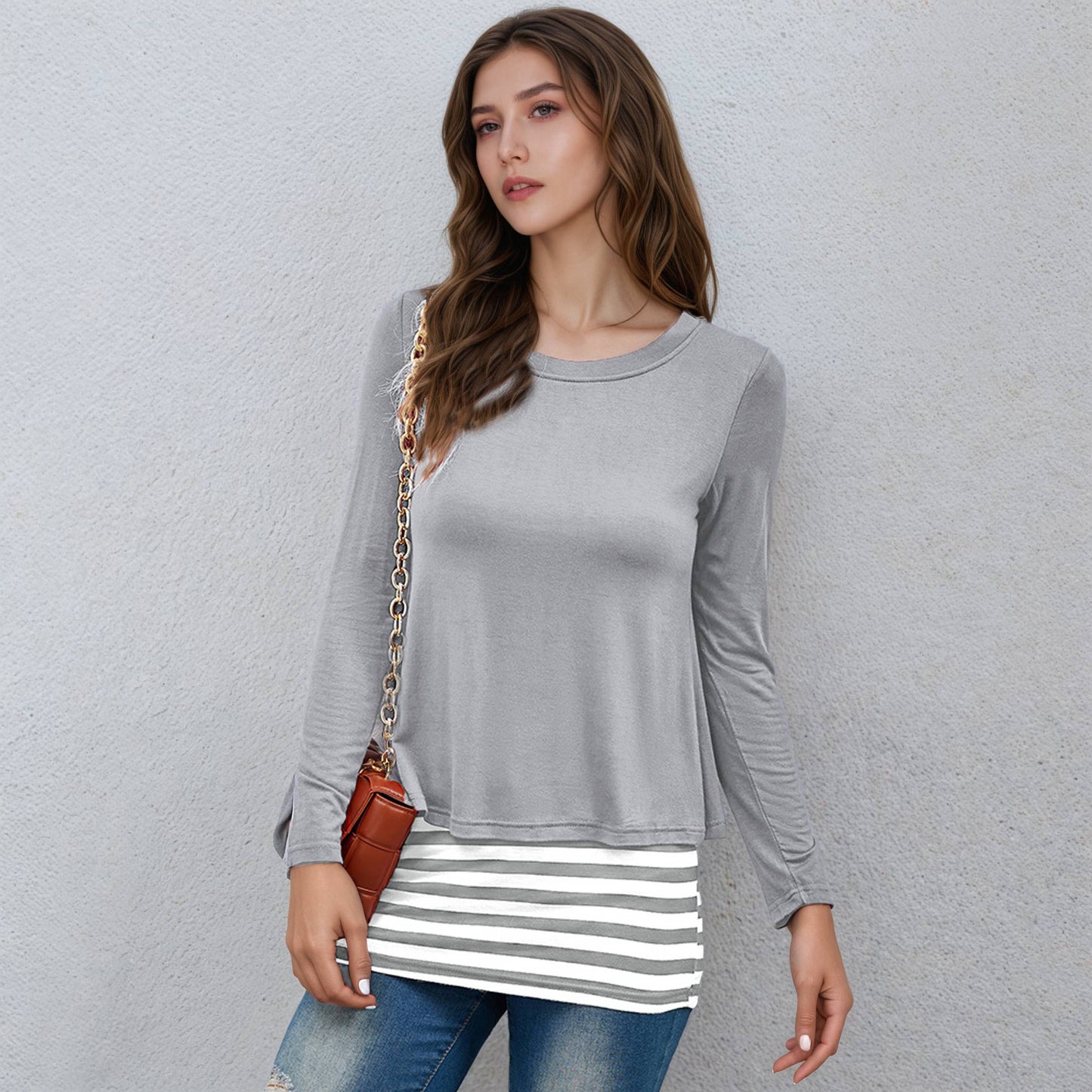 Two fake round-neck striped patchwork T-shirts