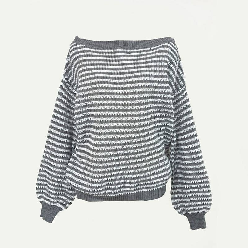 Striped off-the-shoulder sleeve knitted sweater