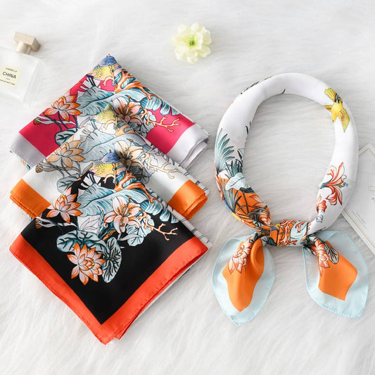 Luxury Style Floral Satin Square Scarf for Summer