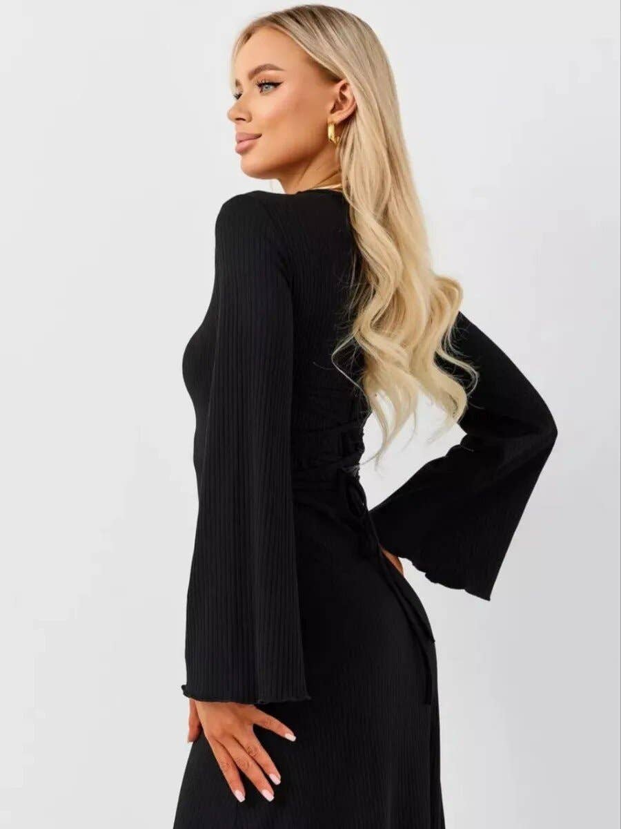 Loose U collar back strap flared sleeve dress