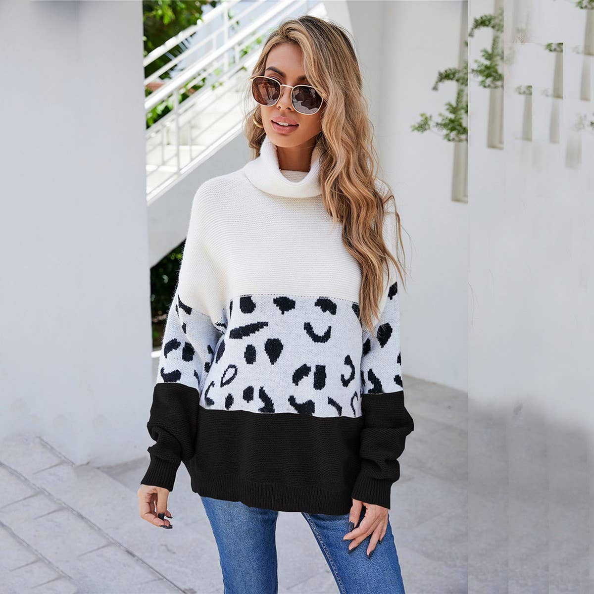 Turtleneck and leopard print slouchy sweater