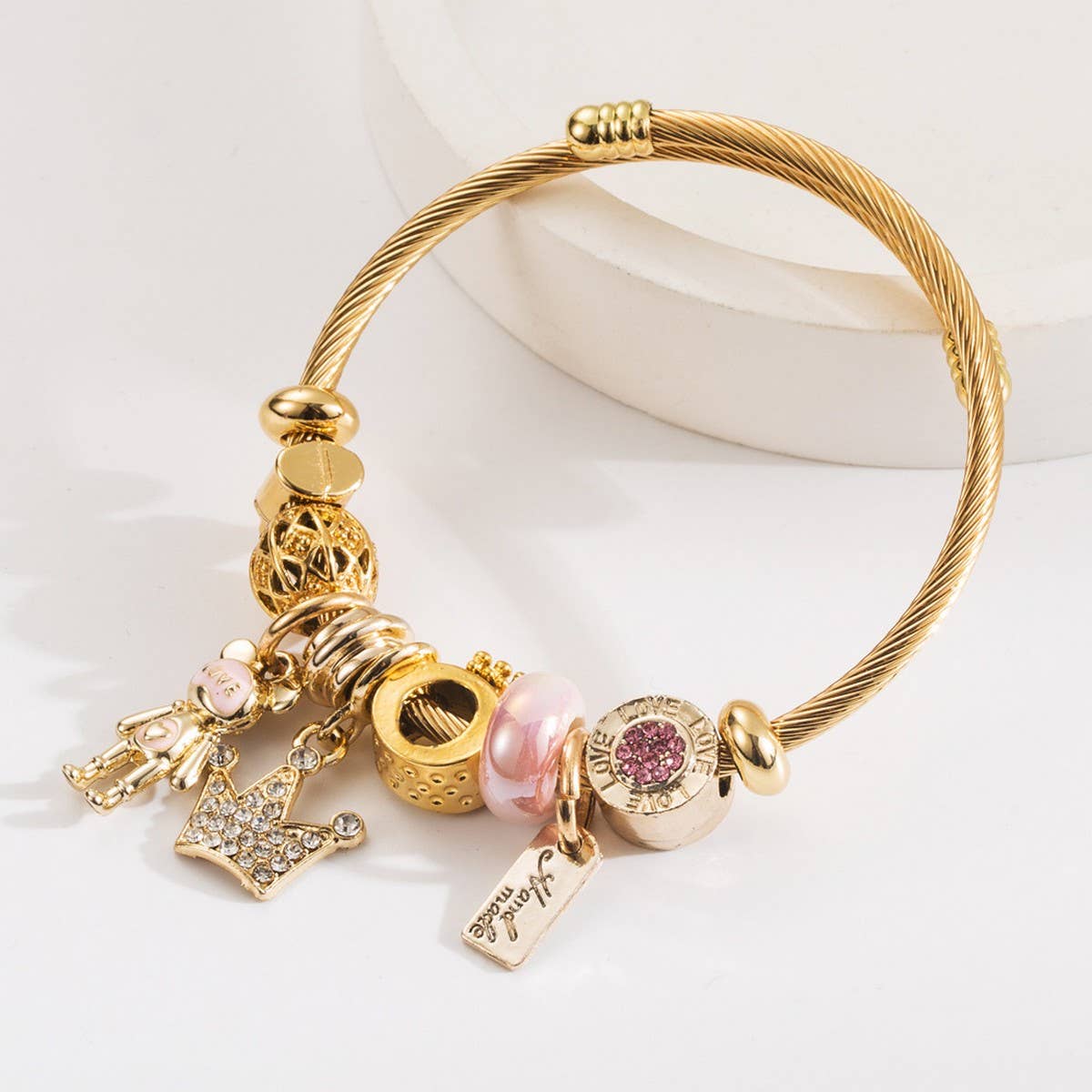 Trendy Beaded Steel Bracelet with Bear & Crown