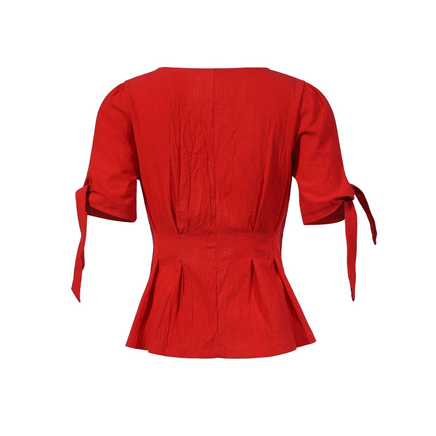 V-NECK STRAP WAIST BUTTON COTTON LINEN BLOUSE