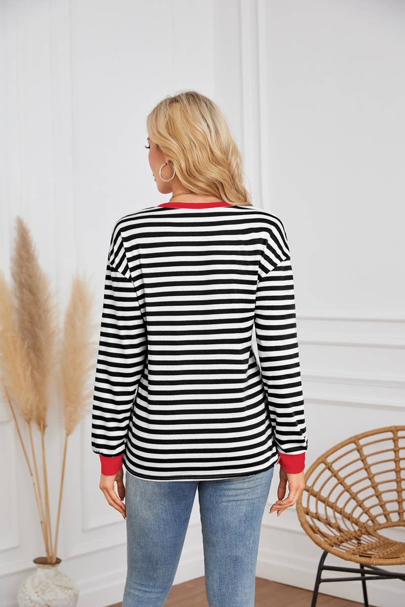 STRIPED CREW-NECK LONG-SLEEVED PULLOVER HOODIE