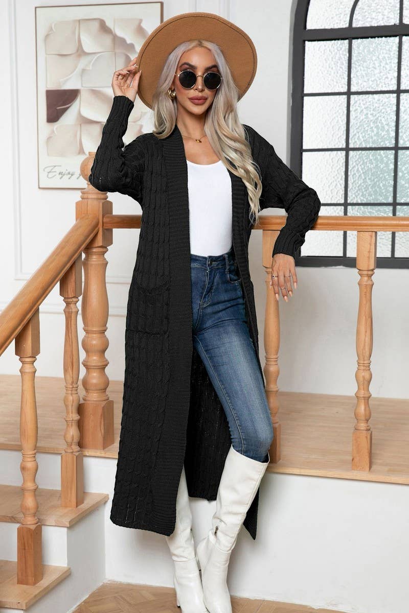 CWOCAL1167_KNITTED TWIST POCKET LONG CARDIGAN SWEATER