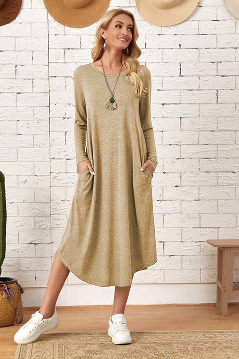 CWDMD3948_SOLID COLOR CASUAL LONG SLEEVE LONG DRESS