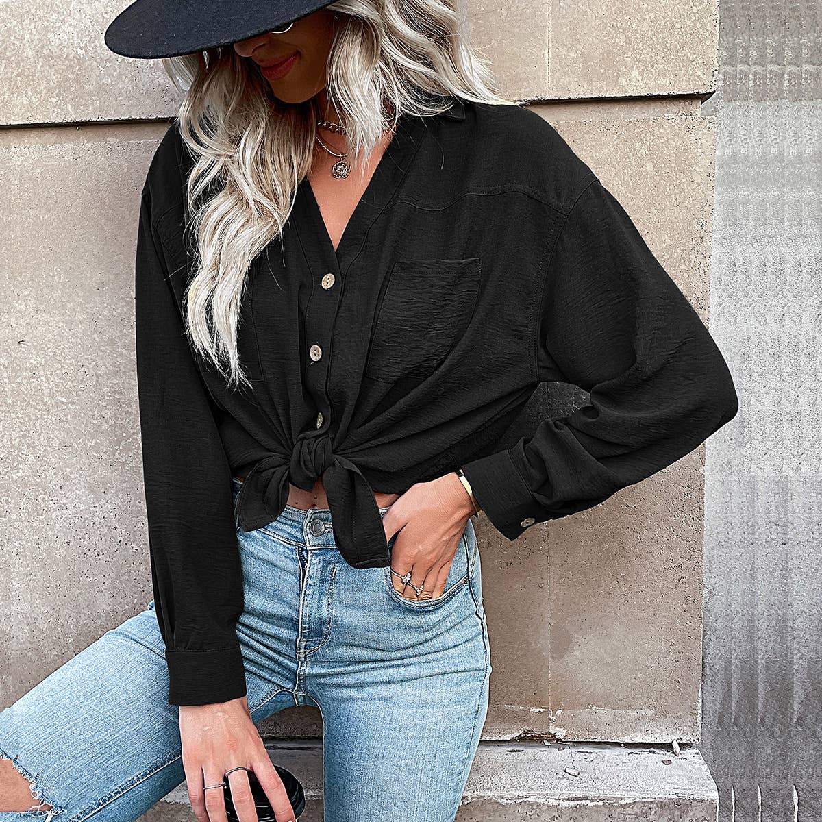 SOLID COLOR LAPEL POCKET CASUAL COMMUTER SHIRT