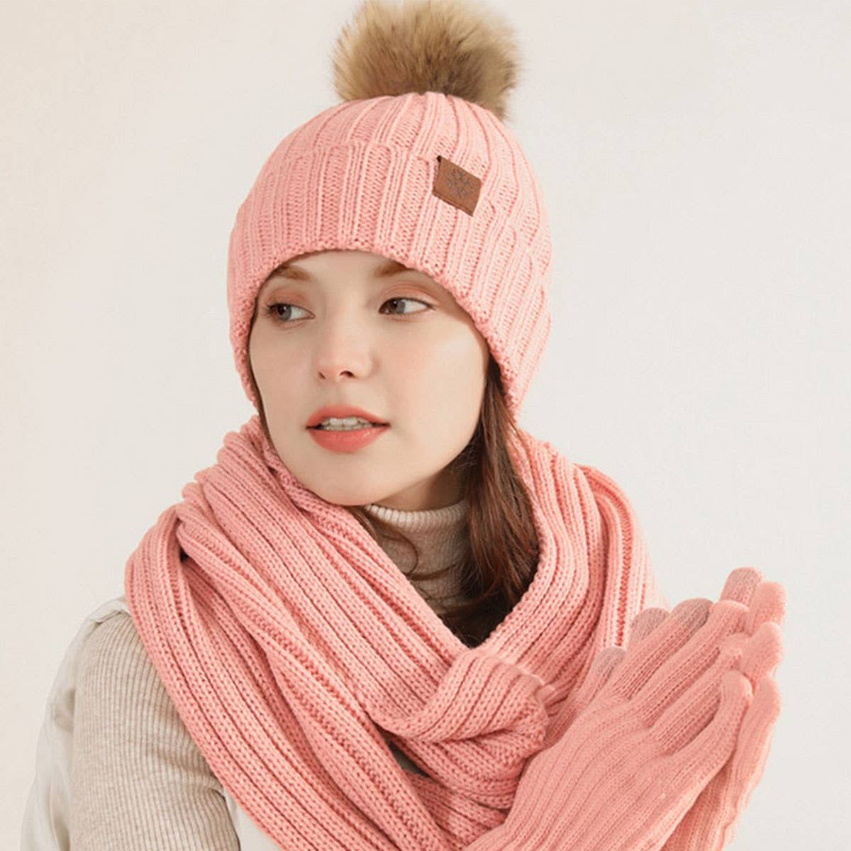 WINTER ADULT OUTDOOR WARM KNITTED SCARF SUIT WOMEN