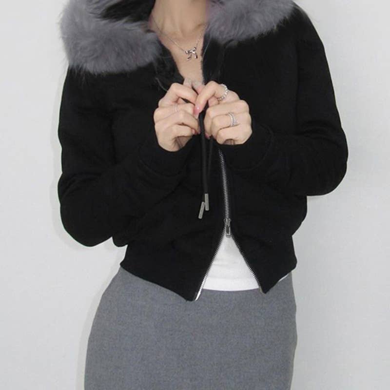 WOOLLY PATCHWORK ZIPPER HOODIE COAT LADY