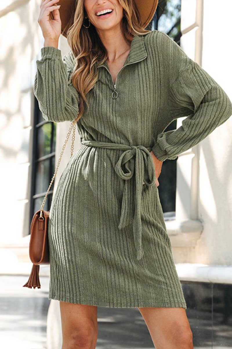 CWDSD7278_FRENCH STYLE LAPEL ZIPPER LONG SLEEVE DRESS