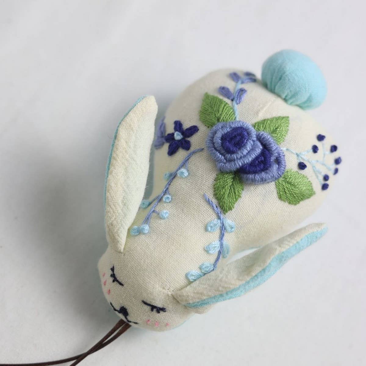 Hand-Embroidered Blue Rose Bunny Plush Charm