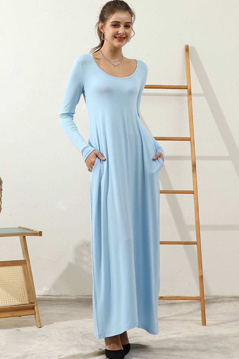 CWDMD799_R NECK LOOSE FIT MAXI DRESS WITH SIDE POCKETS