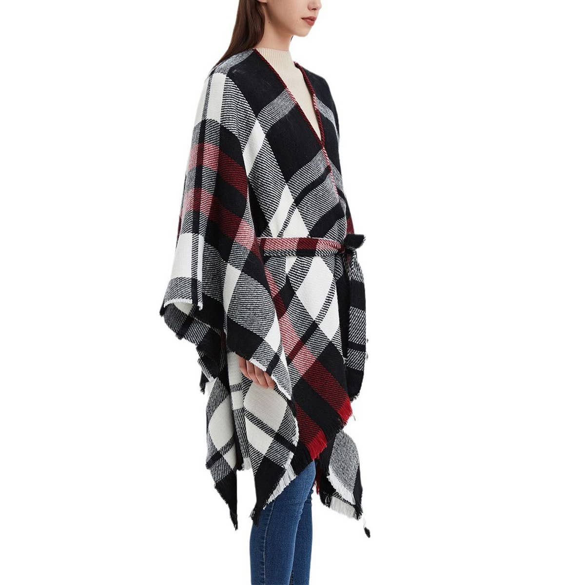 GEOMETRIC BLACK AND RED SHAWL WITH SPLIT HOOD