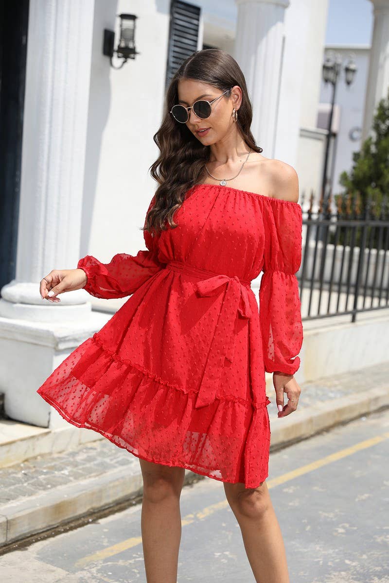 CWDSD8400_OFF SHOULDER POM POM CHIFFON BELTED DRESS