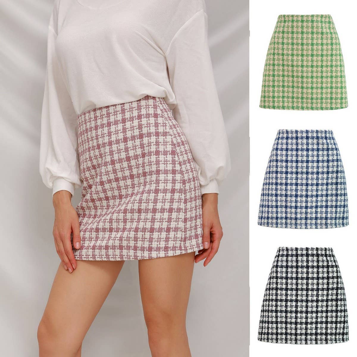 RETRO CHECKERED A-LINE SHORT WOOLEN SKIRT_CWBSS0393