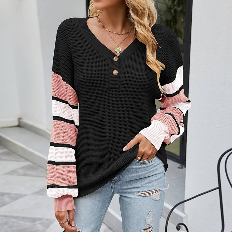 V-NECK THICK KNIT COLOR MATCHING KNIT SWEATER