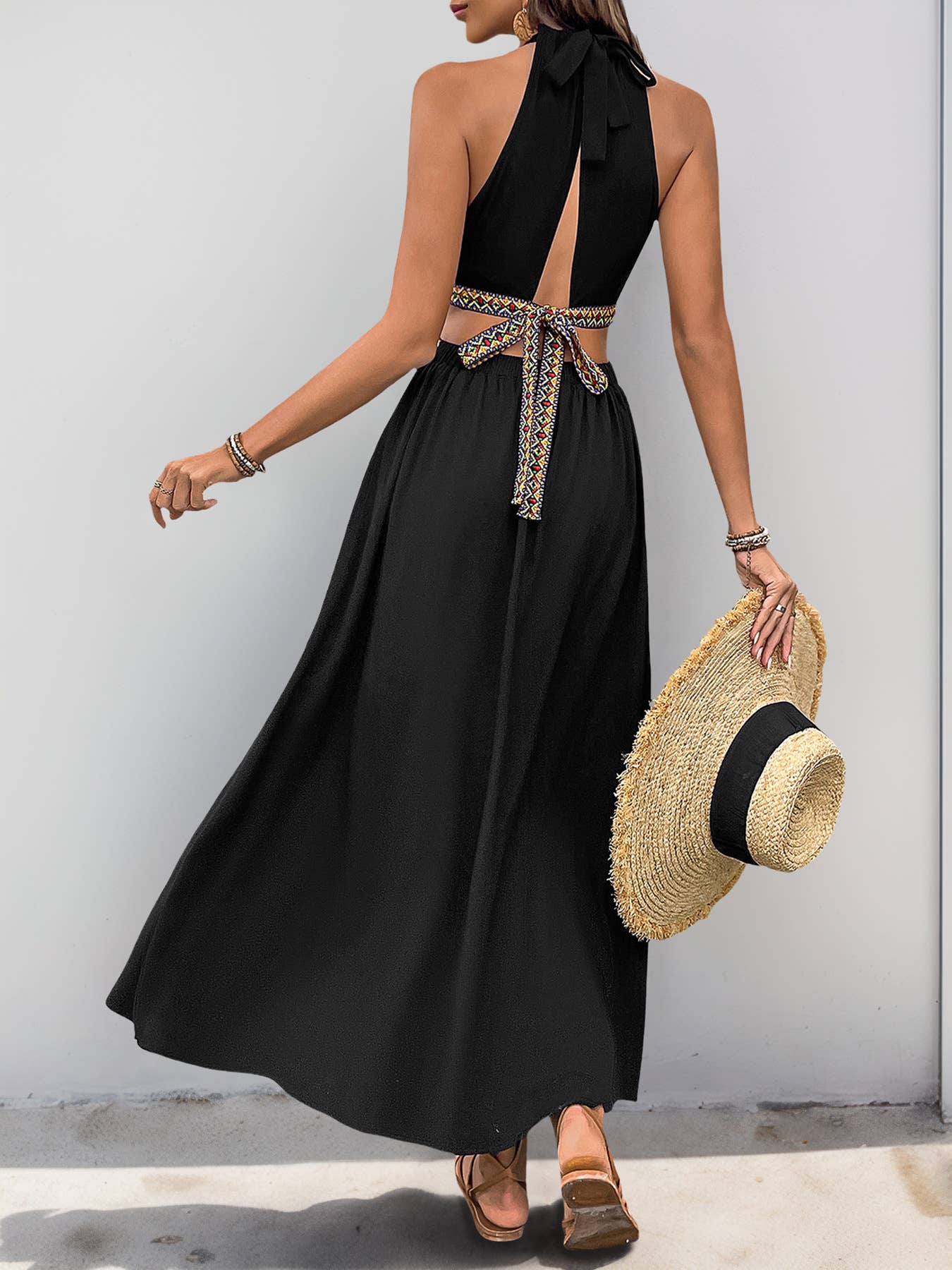 Hollow out halter sleeveless elegant resort dress
