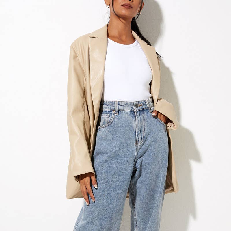 SOLID COLOR PU LEATHER LOOSE FASHION SUIT JACKET