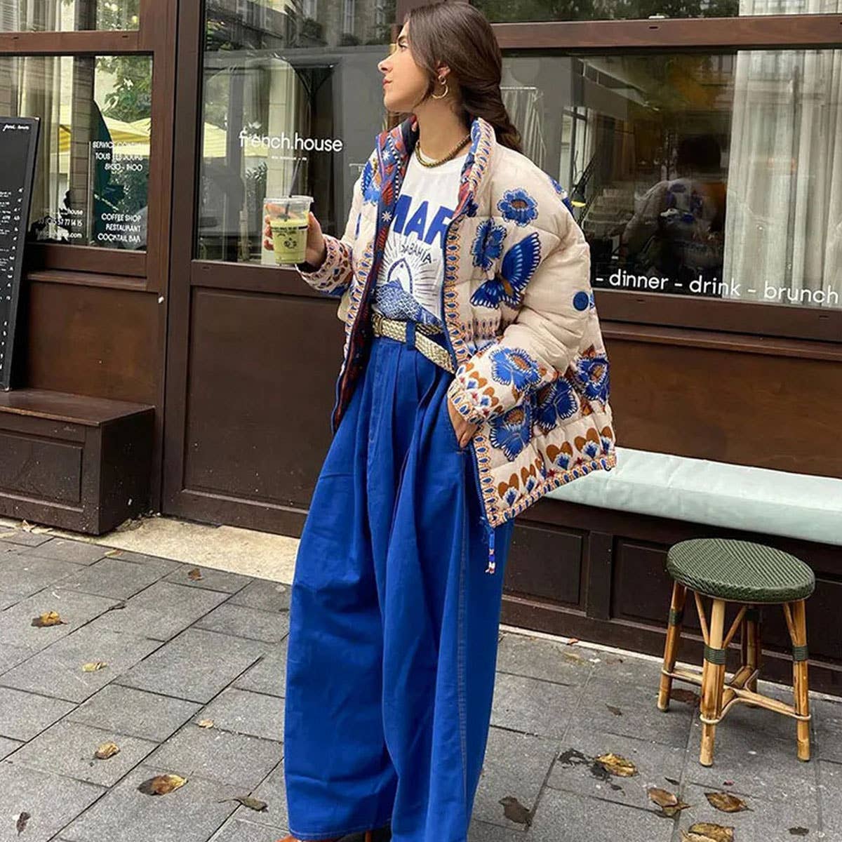 BLUE FLOWER PRINT ZIP-UP QUILTED JACKET_CWOJA1558