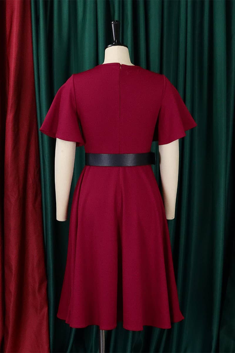 CWDSD3579_PLUS SIZE BELL SLEEVE SOLID COLOR MIDI DRESS