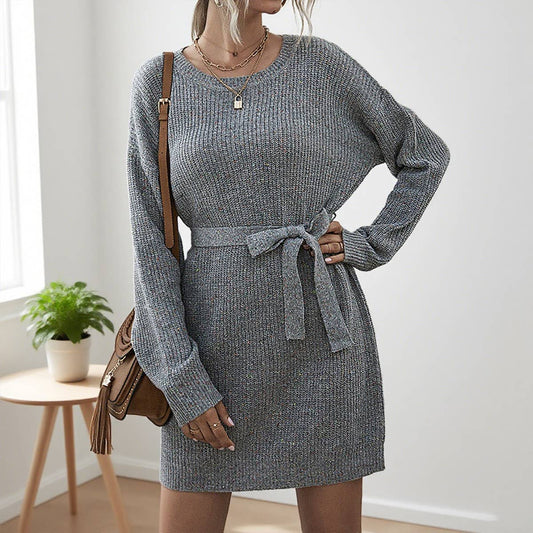 Solid-color laid-back lace-up knitted dress