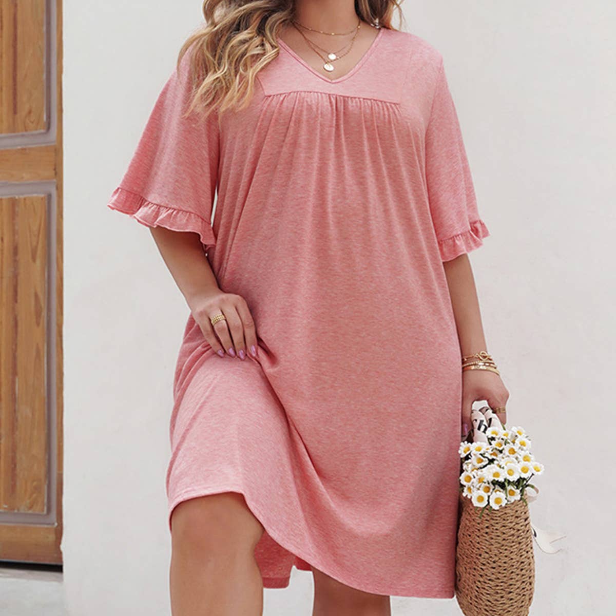 SOLID COLOR PLUSSIZE CHIFFON V NECK CASUAL DRESS_CWDSD3143