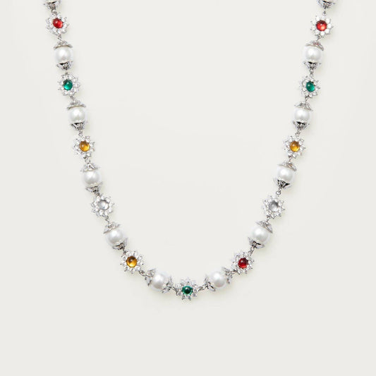 Pearl Colorful Flower Rhinestone Necklace_CWMM5343