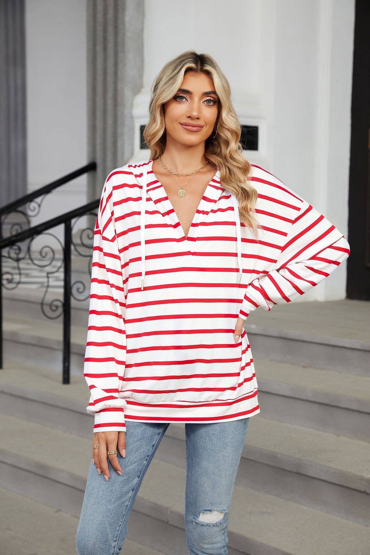 Striped V-neck hooded long-sleeved sweatshirt