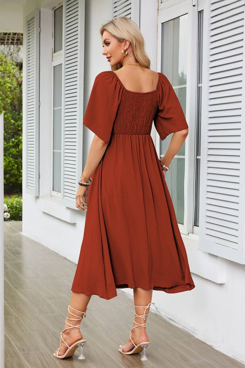 V-neck bow pleated mid-length short-sleeved dress