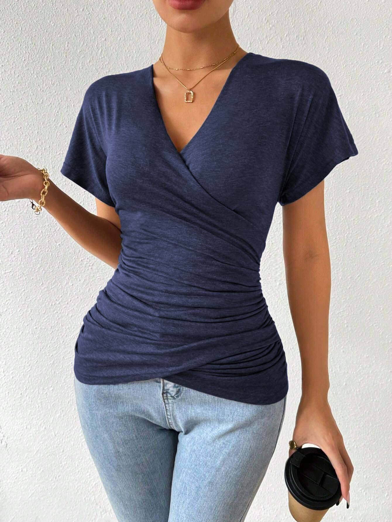 Knit deep V design waist pleating waist slim top