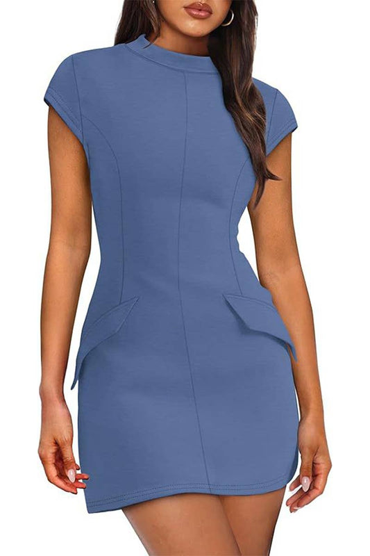 CWDSD8810_ROUND NECK BODYCON PARTY CLUB SHORT SLEEVE DRESS