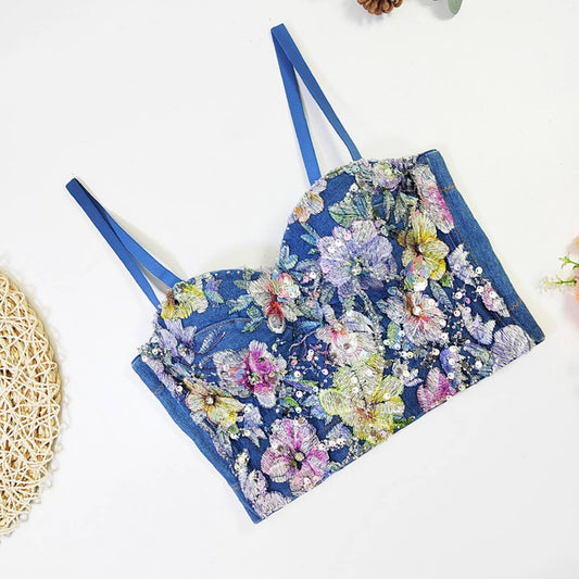 HIGH-END DENIM FLOWER PATCHWORK HERRINGBONE BRA