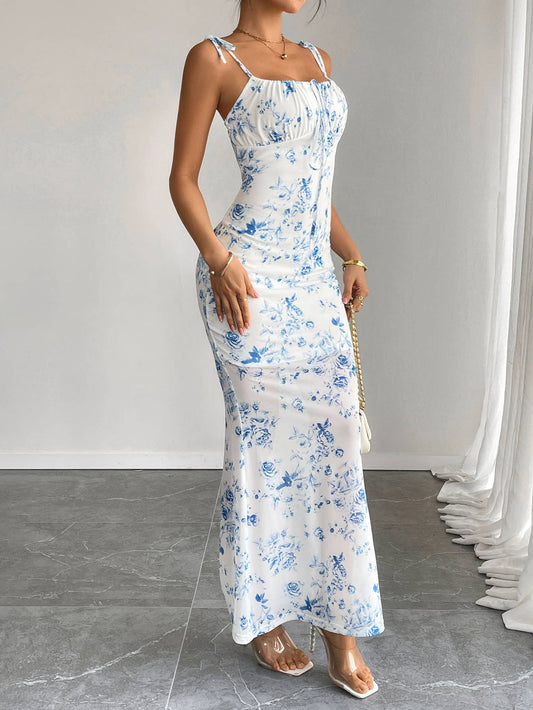 Fashion high-waisted printed halter floral dress