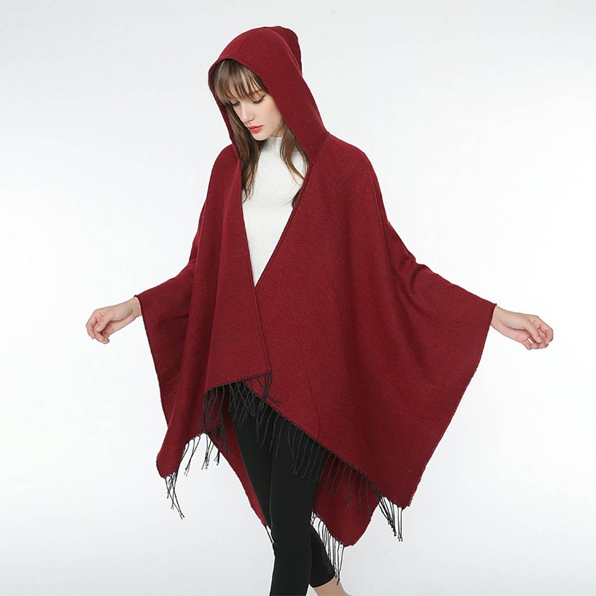 SOLID COLOR FRINGED HOODED BLANKET SHAWL CLOAK_CWASC0314