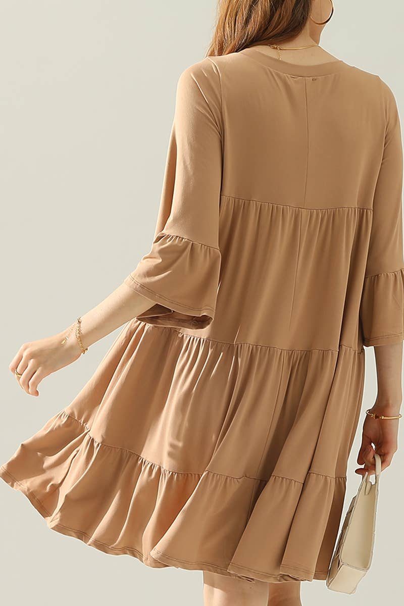 CWDSD10353_V NECK 3 TIERED WITH RUFFLE SLEEVE DRESS