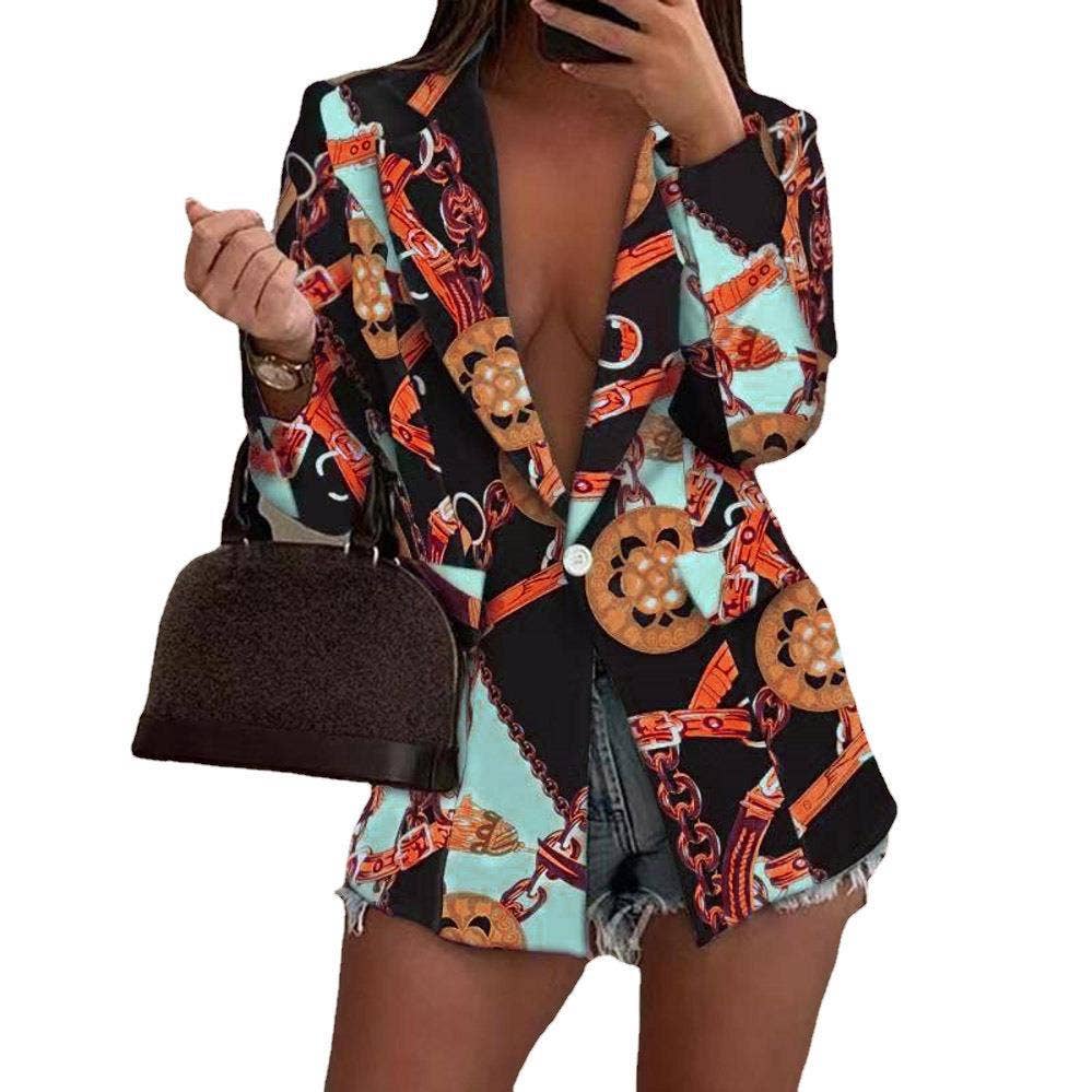 LAPEL LONG SLEEVE FASHION SEXY PRINTED SUIT