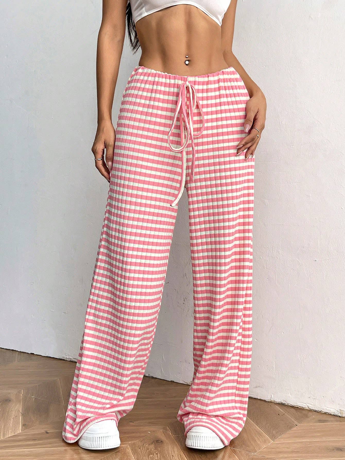 STRIPED RUBBER STRING COTTON STRAIGHT LEG PANTS