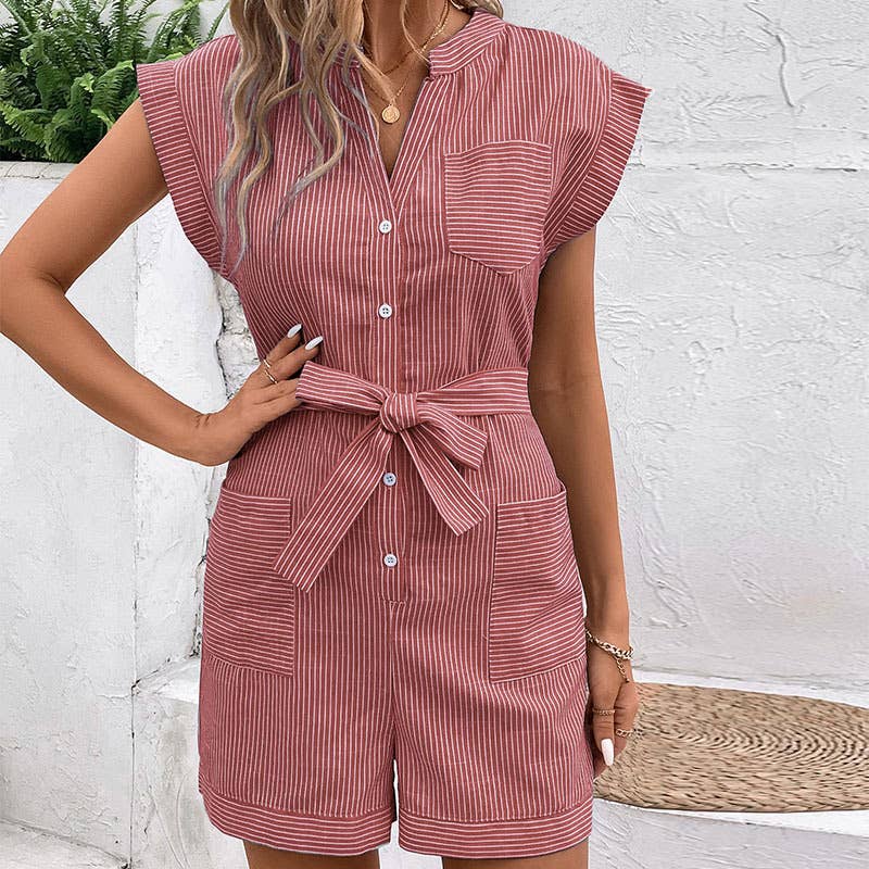 PINSTRIPE LACE-UP SHORT-SLEEVED JUMPSUIT