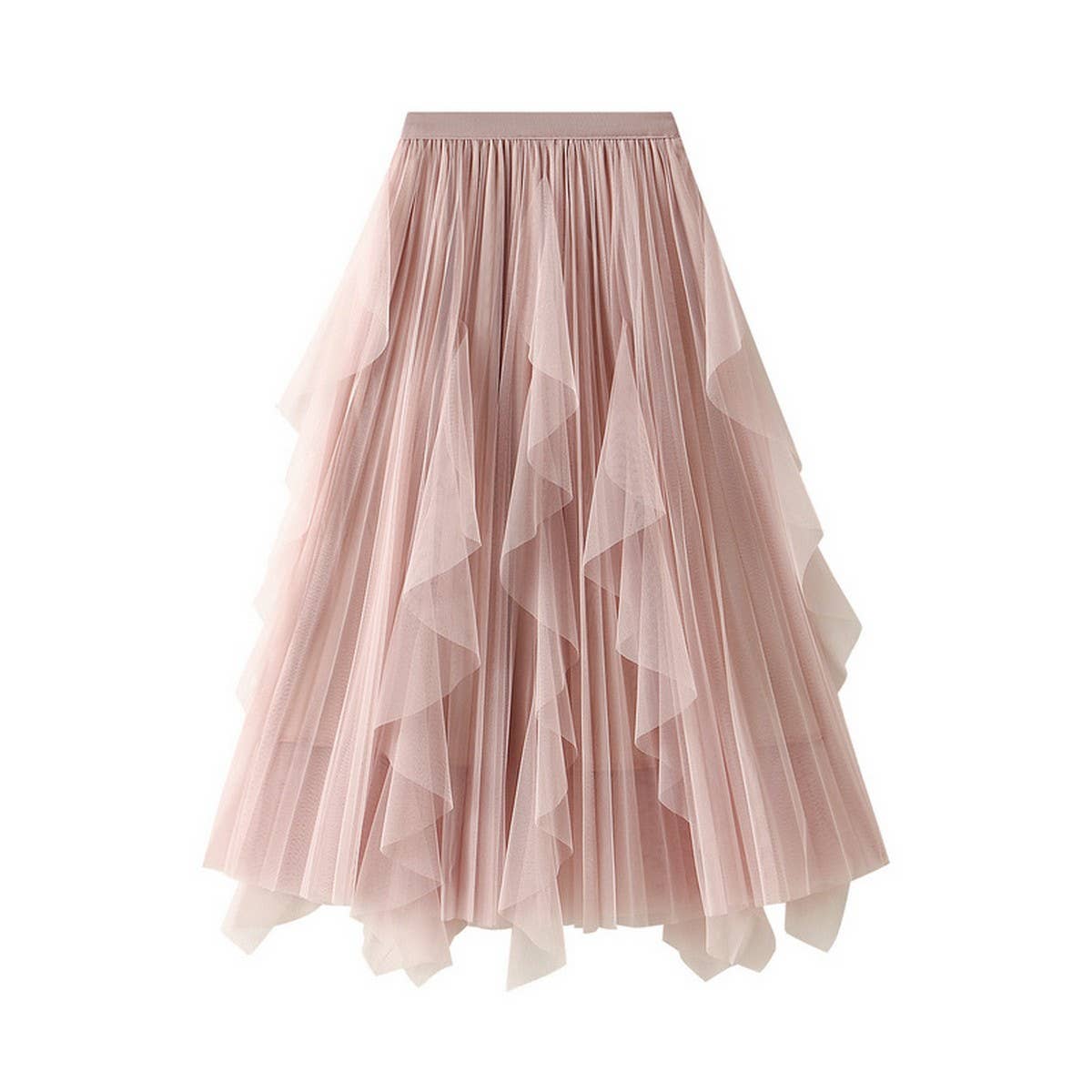 Ruffled Mesh Panel High-Waist Pleated Midi Skirt