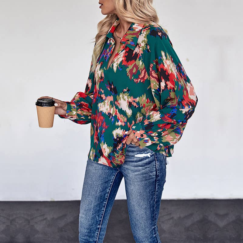 LAPEL LONG SLEEVE TOP BUTTON PRINT SHIRT